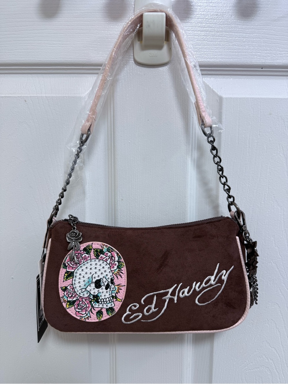 NWT Ed Hardy Pink & Brown Skull Embroidered Shoulder Bag